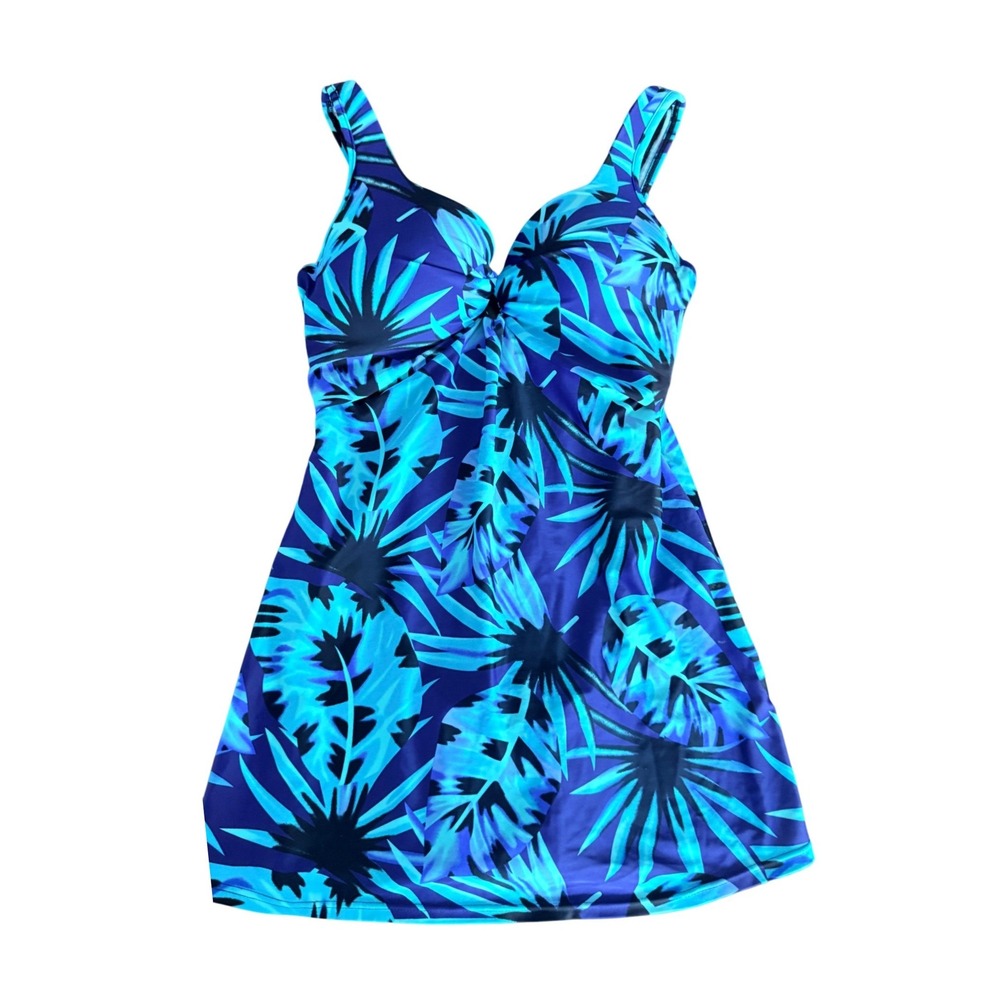 Shore Shapes Swimwear Blue Tropical Palm Leaf Print One Piece Swimdress Size 12